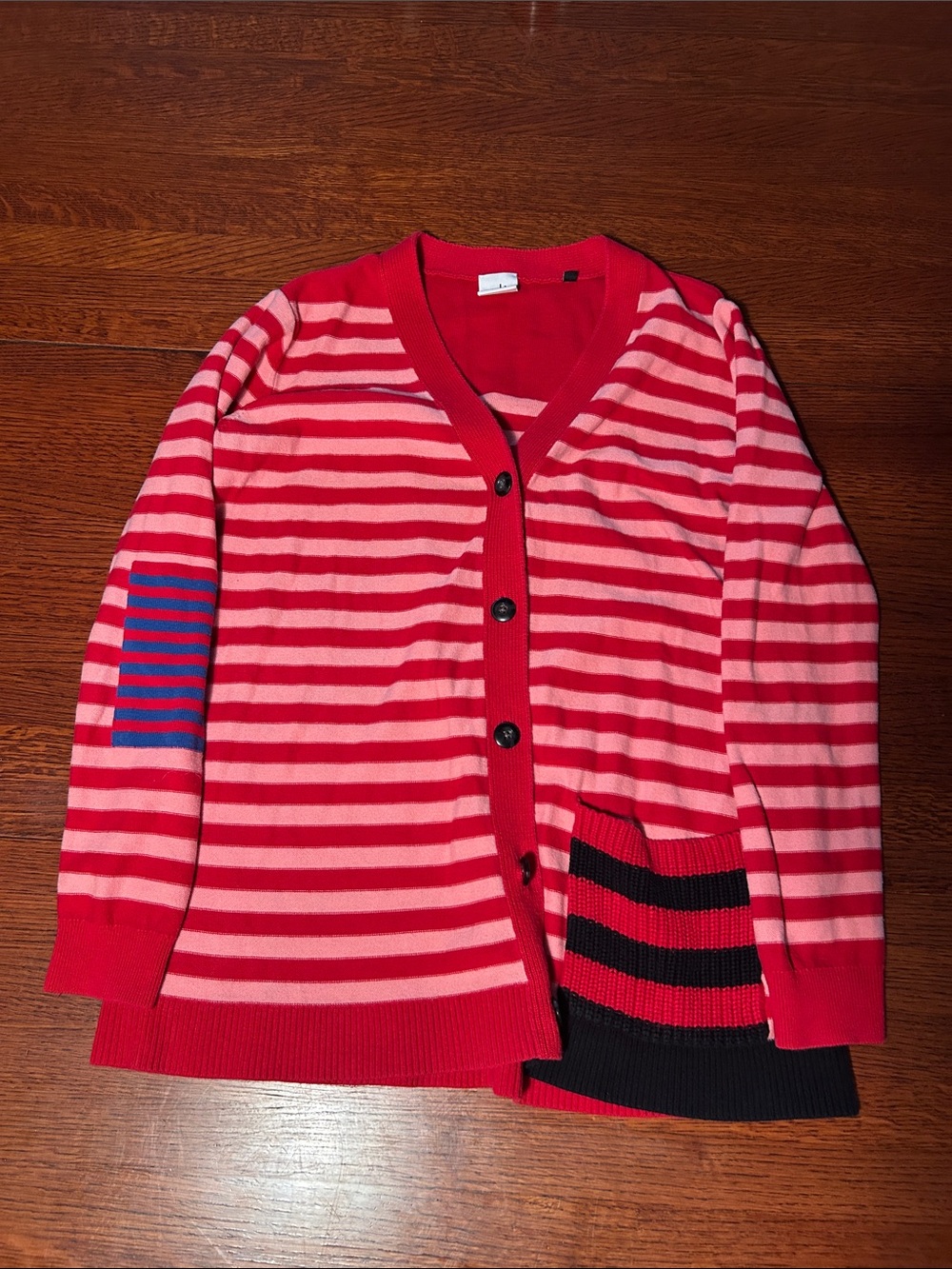 CAbi Pink and Red Striped V-Neck Button Cardigan